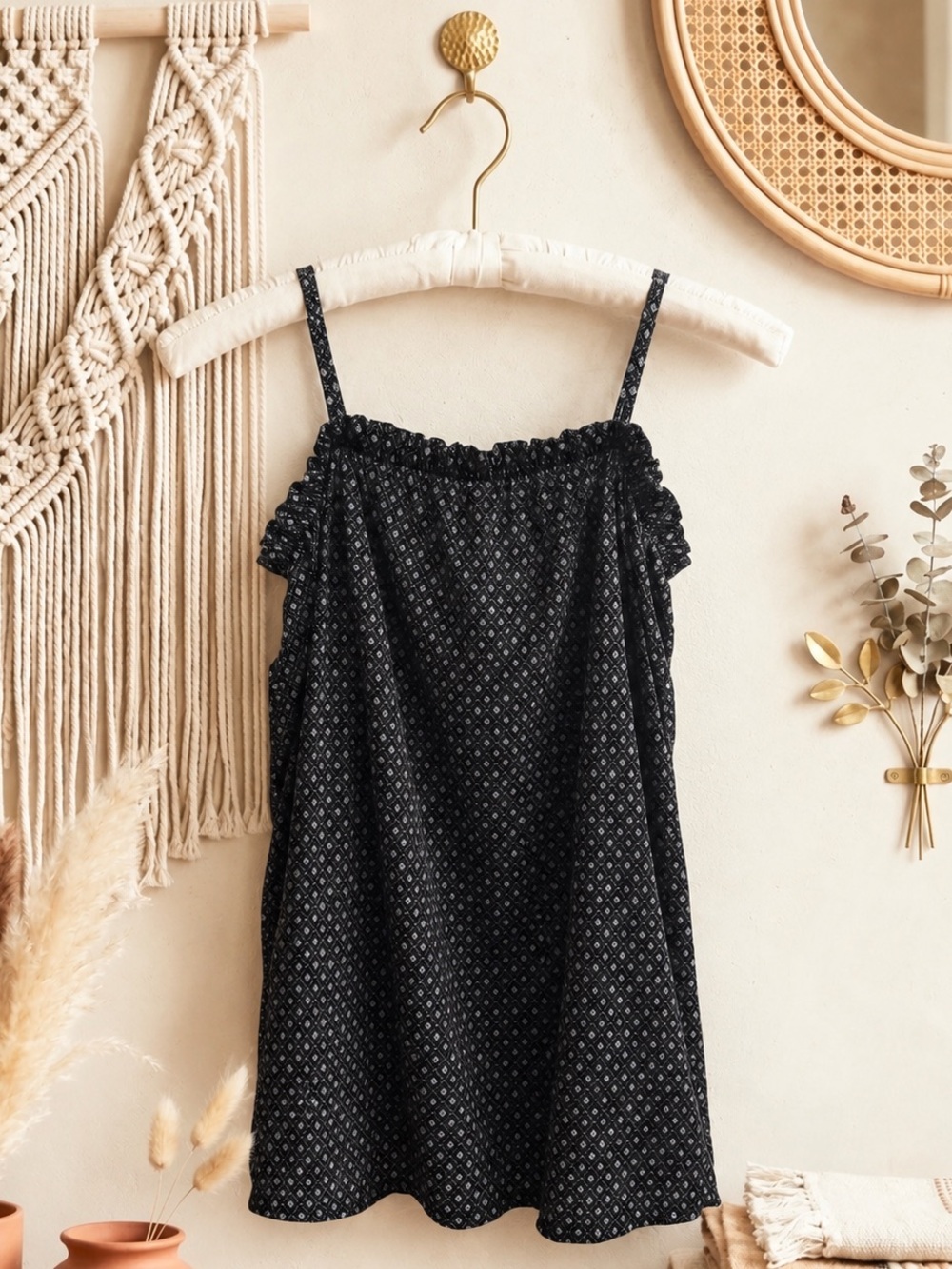 H&M Black Printed Mini Dress with Ruffle Neckline